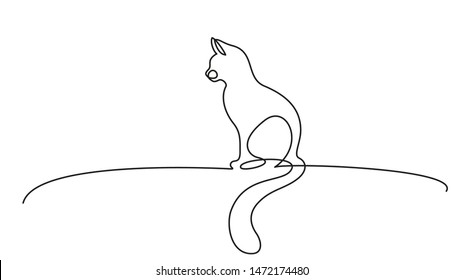 Continuous one line drawing. Cat sitting with curled tail. Vector illustration