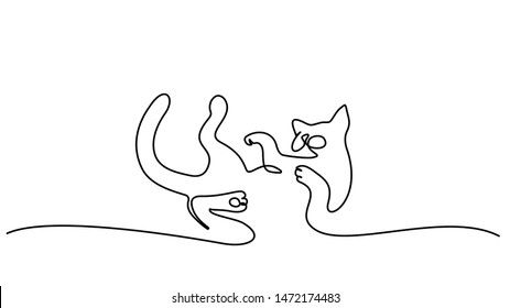 Continuous One Line Drawing. Cat Playing On Back. Vector Illustration