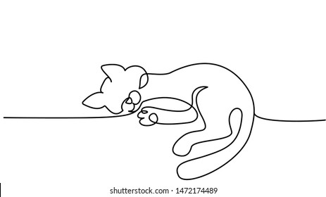 Continuous one line drawing. Cat sitting with curled tail. Vector illustration