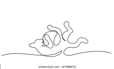 Continuous one line drawing. Cat playing with ball, laying on back and slightly curled like ball. Vector illustration