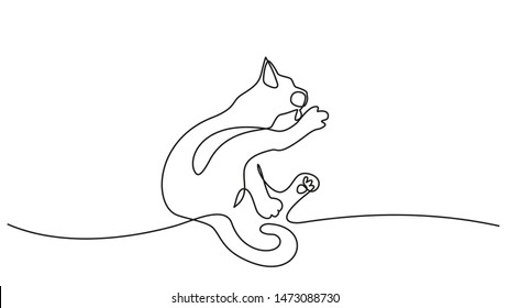 Continuous one line drawing. Cat sitting and cleaning paw. Vector illustration