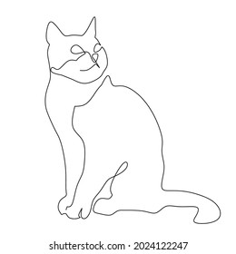 Continuous one line drawing of cat silhouette. Sitting relaxed cat in abstract hand drawn style. Animal themed simple ink vector illustration. Simple and minimalistic animal doodle art.