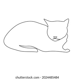 Continuous one line drawing of cat silhouette. Relaxing cat lying on the ground in abstract hand drawn style. Animal themed simple ink vector illustration. Simple and minimalistic animal doodle art.