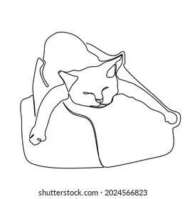 Continuous one line drawing of cat silhouette. Cute cat sleeping with open arms in abstract hand drawn style. Animal themed simple ink vector illustration. Simple and minimalistic animal doodle art.