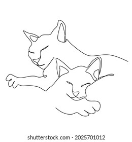 Continuous one line drawing of cat silhouette. Peaceful faces of two sleeping cats leaning on each other and hugging in hand drawn style. Simple and minimalist animal doodle art. Abstract ink vector.