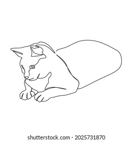 Continuous one line drawing of cat silhouette. A relaxed cat lying on the ground in abstract hand drawn style. Animal themed simple ink vector illustration. Simple and minimalist animal doodle art.