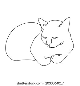 Continuous one line drawing of cat sleeping on white background.