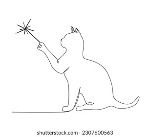 Continuous one line drawing of cat holding firecracker. Cat holding magic stick single line art vector illustration. Editable stroke.