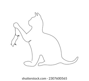 Continuous one line drawing of cat holding mouse. Cat and mouse single line art vector illustration. Editable stroke.