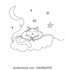 Continuous one line drawing of cat sleeping on a cloud. Simple vector illustration