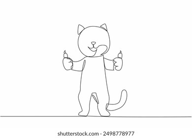 Continuous one line drawing the cat stands with both hands giving a thumbs up gesture. Funny cat animal character. Adorable cat behavior. Giving code sign. Single line draw design vector illustration