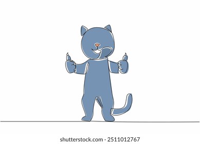 Continuous one line drawing the cat stands with both hands giving a thumbs up gesture. Funny cat animal character. Adorable cat behavior. Giving code sign. Single line draw design vector illustration