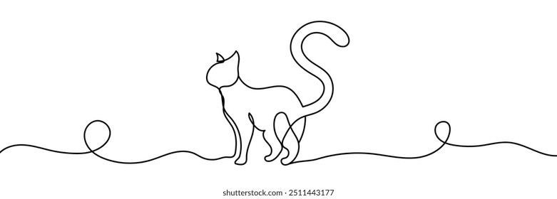 Continuous one line drawing. Cat with curled tail. Vector illustration	