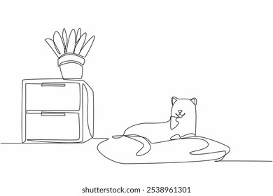 Continuous one line drawing cat lying on the floor pillow. Relaxing waiting for the master in the living room. Fake plant pot. Adorable. National Pet Day. Single line draw design vector illustration