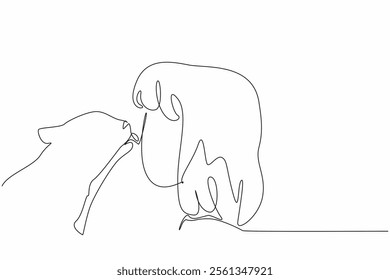 Continuous one line drawing cat licking girls nose. A gesture of gratitude from animals to humans. Communication without words. National Kids and Pets Day. Single line draw design vector illustration