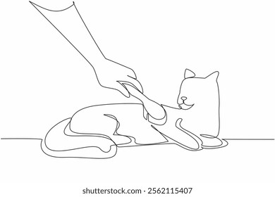 Continuous one line drawing cat lying down and being combed by animal brush. Caring with tenderness. Best care. Grooming. National Hairball Awareness Day. Single line draw design vector illustration