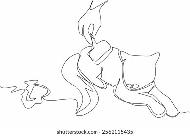 Continuous one line drawing the cat being combed by a fur brush. Prevention of swallowed hairballs. Take care with care. National Hairball Awareness Day. Single line draw design vector illustration