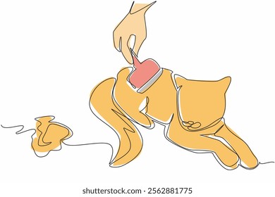 Continuous one line drawing the cat being combed by a fur brush. Prevention of swallowed hairballs. Take care with care. National Hairball Awareness Day. Single line draw design vector illustration