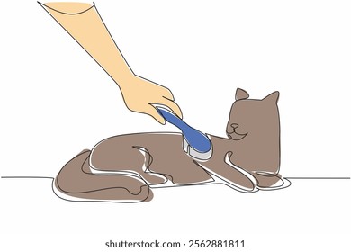 Continuous one line drawing cat lying down and being combed by animal brush. Caring with tenderness. Best care. Grooming. National Hairball Awareness Day. Single line draw design vector illustration