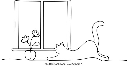 Continuous one line drawing of a cat stretching lazily on a windowsill with a flower pot, minimal and modern style on white background


