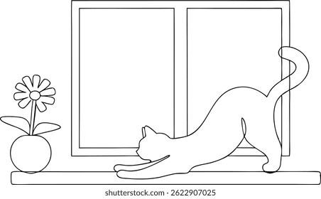 Continuous one line drawing of a cat stretching lazily on a windowsill with a flower pot, minimal and modern style on white background

