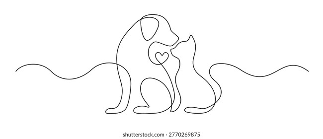 Continuous one line drawing of cat and dog together. Minimalist veterinary clinic logo with cute pets. Simple outline icons for animal hospital or vet care design. Contour Vector illustration