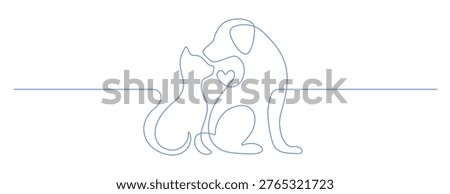 Continuous one line drawing of cat and dog together. Minimalist pet illustration with cute puppy and kitten in simple outline style. Veterinary clinic logo concept