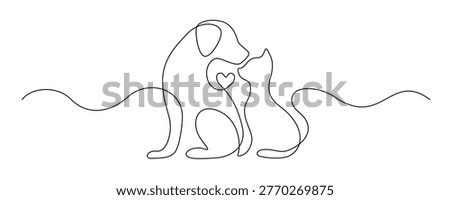 Continuous one line drawing of cat and dog together. Minimalist veterinary clinic logo with cute pets. Simple outline icons for animal hospital or vet care design. Contour Vector illustration