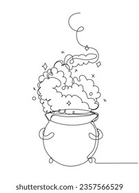 Continuous one line drawing of cauldron with witch's brew. Simple Halloween vector illustration