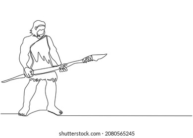 Continuous one line drawing caveman standing and holding big stone spear. Prehistoric bearded man dressed in animal pelt. Neanderthal hunter. Ancient homosapien. Single line draw design vector graphic