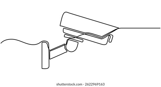 Continuous one line drawing of CCTV video camera surveillance system for monitoring security. Editable vector, One line drawing of CCTV security camera mounted on wall. Minimalist continuous line art.