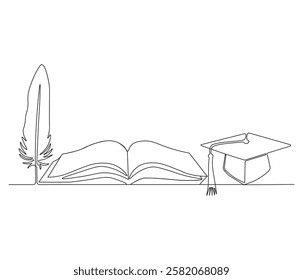 Continuous one line drawing of celebrating graduation hat, feather and book. Single line drawing illustration of education. Graduation concept vector art. Doodle line illustration.
