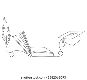 Continuous one line drawing of celebrating graduation hat, feather and book. Single line drawing illustration of education. Graduation concept vector art. Doodle line illustration.
