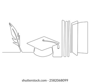 Continuous one line drawing of celebrating graduation hat, feather and book. Single line drawing illustration of education. Graduation concept vector art. Doodle line illustration.
