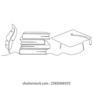 Continuous one line drawing of celebrating graduation hat, feather and book. Single line drawing illustration of education. Graduation concept vector art. Doodle line illustration.
