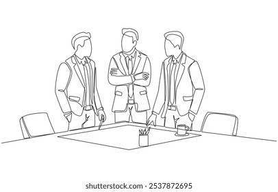 Continuous one line drawing of CEOs discussing mega-project plan, business project discussion concept, single line art.