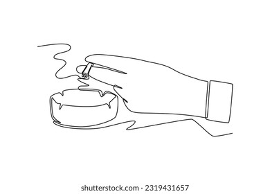 Continuous one line drawing ceramic ashtray with smokes cigarettes. Single line draw design vector graphic illustration.