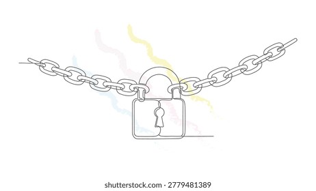 continuous one line drawing of chain with pad lock, security and protection concept. single line draw design vector graphic illustration.