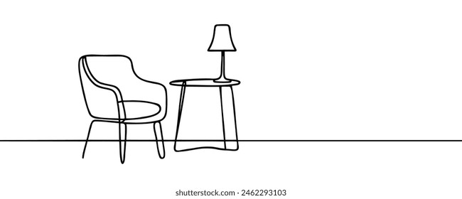 Dibujo continuo de una línea de una silla y una mesa con un jarrón que contiene una planta. Muebles de estilo escandinavo en un estilo lineal simple. Ilustración vectorial.