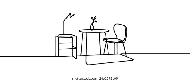Continuous one line drawing of a chair and table with a vase containing a plant. Scandinavian stylish furniture in a simple linear style. Vector illustration.