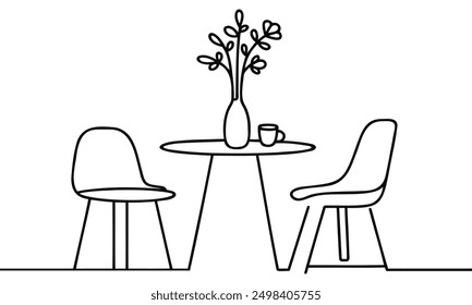 Continuous one line drawing of a chairs and table with a vase containing a plant. Scandinavian stylish furniture in a simple linear style. Vector illustration.