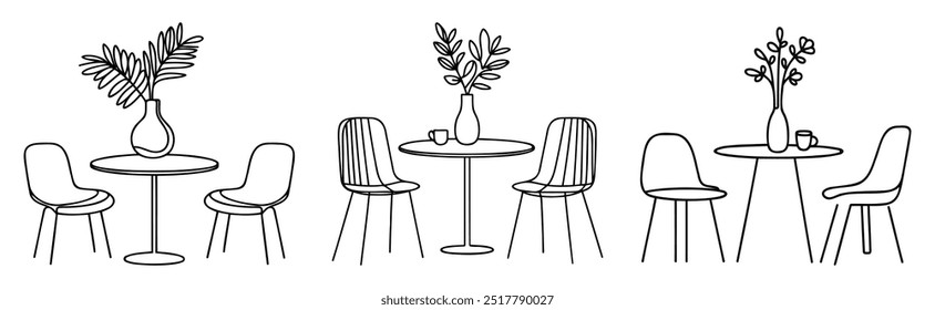 Dibujo continuo de una línea de sillas y mesa con un jarrón que contiene una planta. Muebles de estilo escandinavo en un estilo lineal simple. Ilustración vectorial.