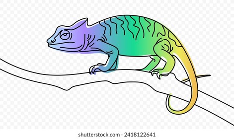 Continuous one line drawing of chameleon crawling along a tree branch vector design. Single line art illustration cute lizard on transparent background