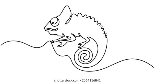 Continuous one line drawing of chameleon. Cameleon single line art vector illustration. Editable stroke, Single one curly line drawing of cute chameleon abstract art. Continuous line draw graphic.