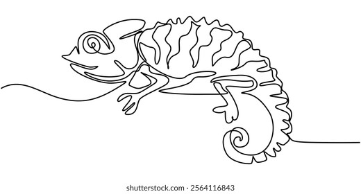 Continuous one line drawing of chameleon. Cameleon single line art vector illustration. Editable stroke, Single one curly line drawing of cute chameleon abstract art. Continuous line draw graphic.