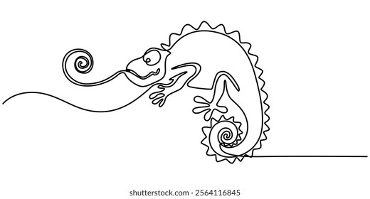 Continuous one line drawing of chameleon. Cameleon single line art vector illustration. Editable stroke, Single one curly line drawing of cute chameleon abstract art. Continuous line draw graphic.