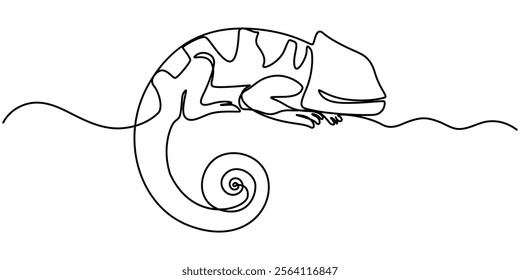 Continuous one line drawing of chameleon. Cameleon single line art vector illustration. Editable stroke, Single one curly line drawing of cute chameleon abstract art. Continuous line draw graphic.