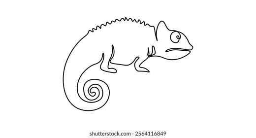 Continuous one line drawing of chameleon. Cameleon single line art vector illustration. Editable stroke, Single one curly line drawing of cute chameleon abstract art. Continuous line draw graphic.