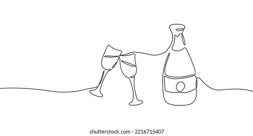 Continuous one line drawing of champagne bottle and glasses. Concept of cheers, toast, holiday in line art style. Vector illustration isolated on white background