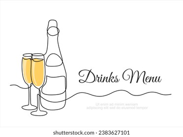 Kontinuierliche Zeichnung von Champagnerflasche und -brille. Getränke-Menü. Konzept von Feiern, Toast, Urlaub in Linie Art Stil. Illustration auf weißem Hintergrund